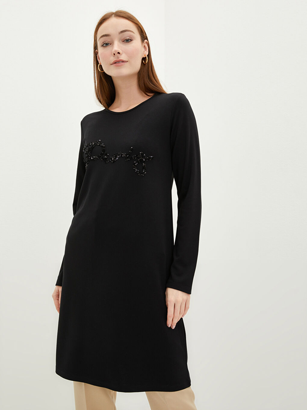 Crew Neck Sequin Embellished Long Sleeve Women's Tunic -W1KI56Z8-CVL