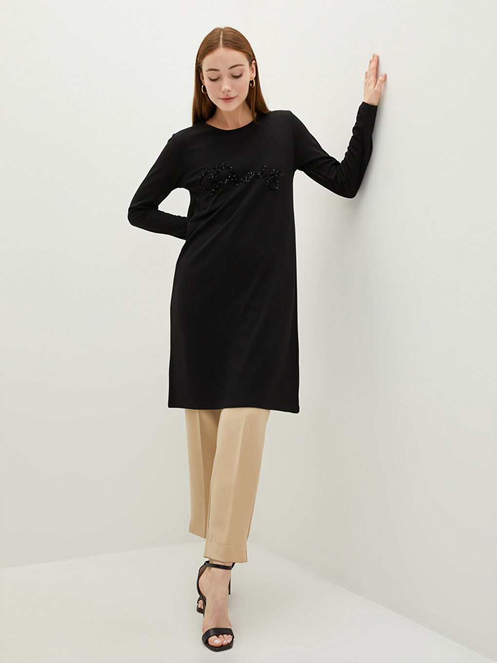 Crew Neck Sequin Embellished Long Sleeve Women's Tunic -W1KI56Z8-CVL