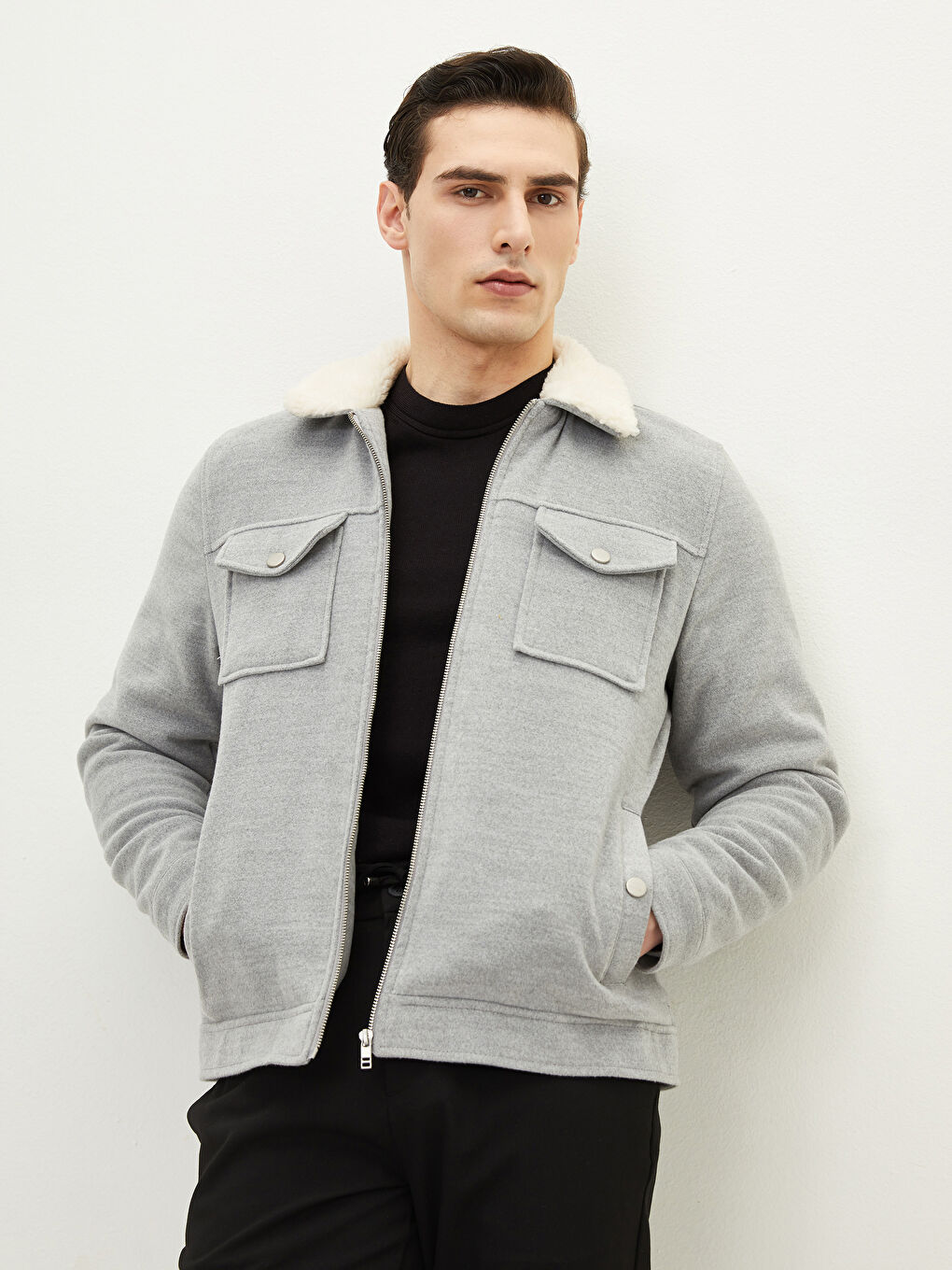 Gri Slim Fit Kürk Yaka Erkek Mont