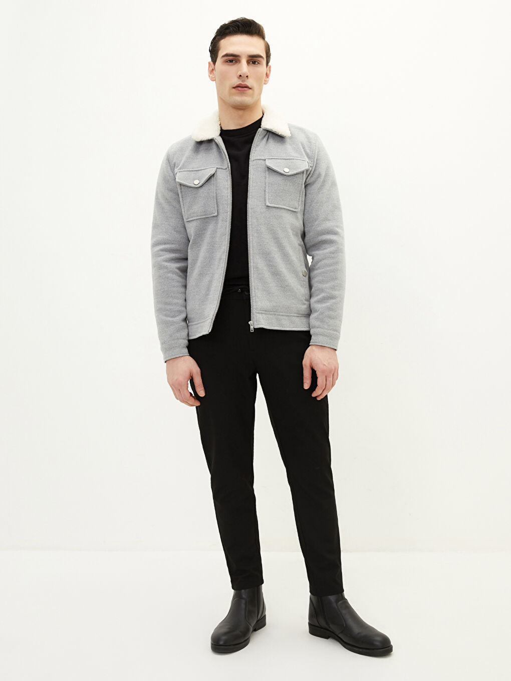 Gri Slim Fit Kürk Yaka Erkek Mont-1