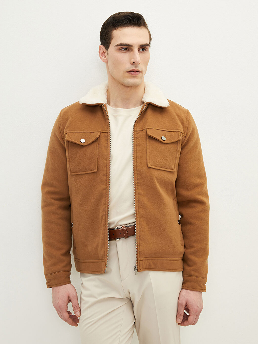 Kahverengi Slim Fit Kürk Yaka Erkek Mont