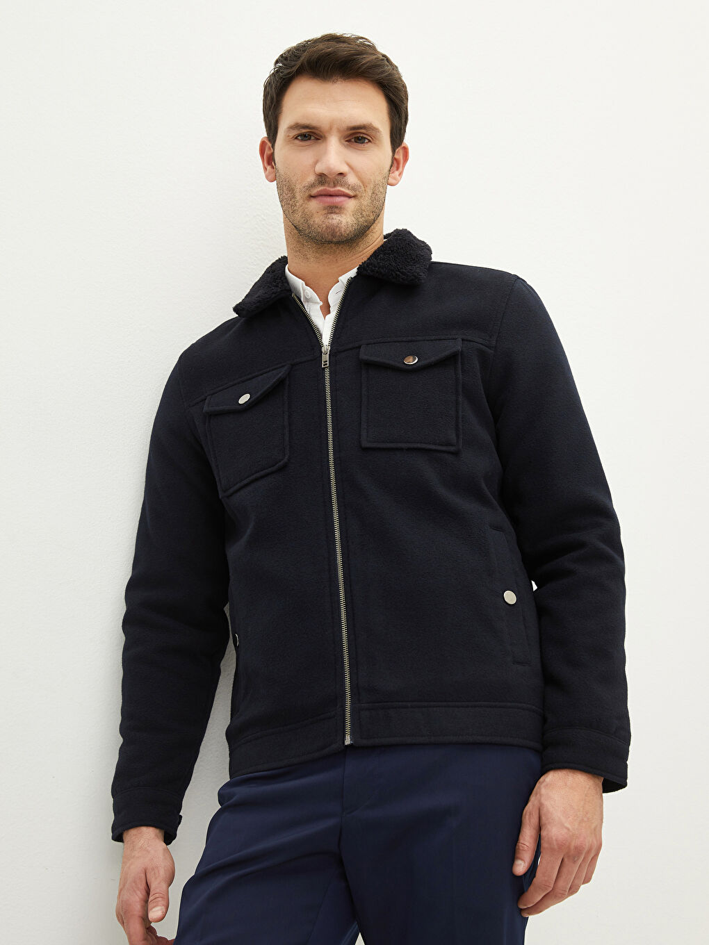 Lacivert Slim Fit Kürk Yaka Erkek Mont