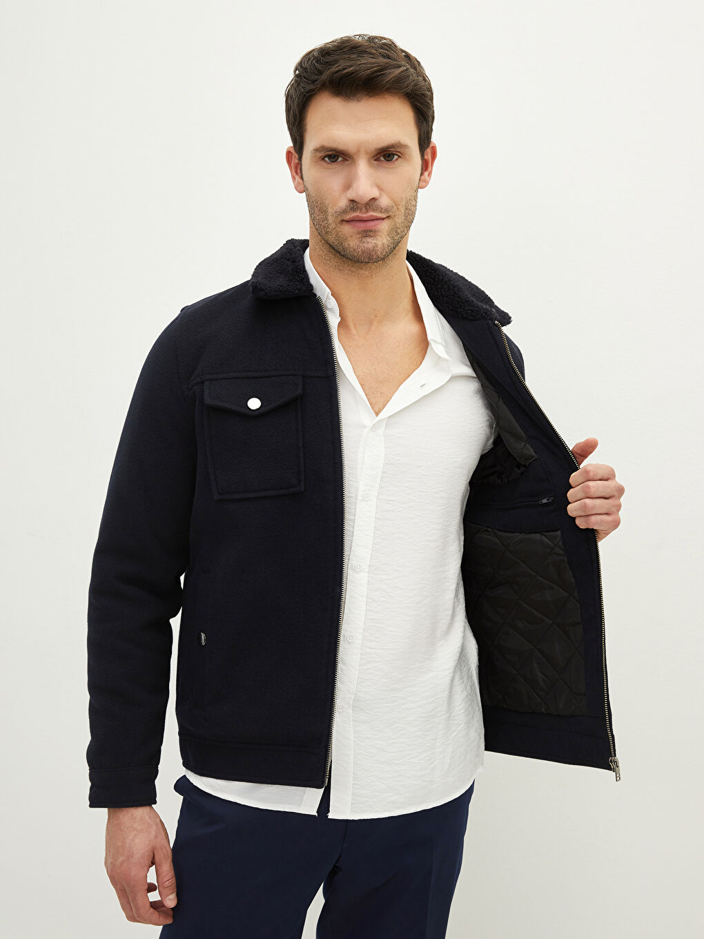 Lacivert Slim Fit Kürk Yaka Erkek Mont-1