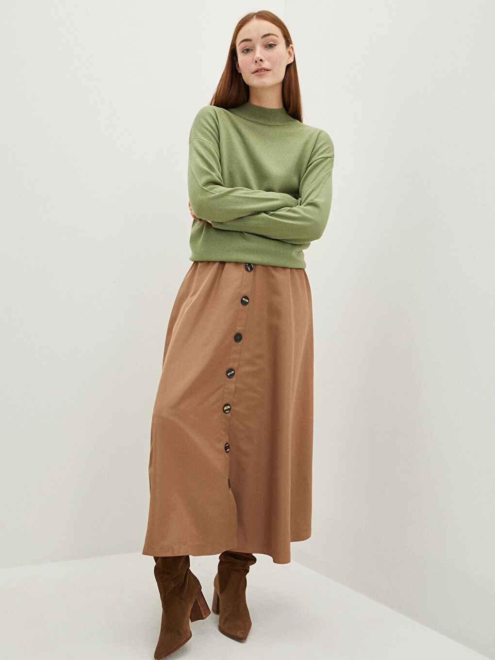 Kahverengi Beli Lastikli Düz Önden Düğme Detaylı Kadın Etek-1