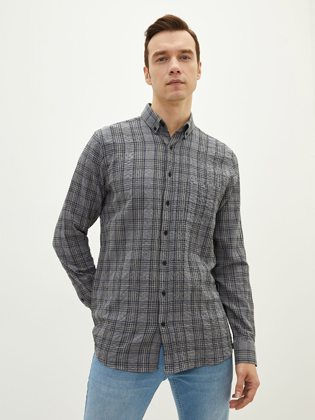 Chemise en flanelle à carreaux à manches longues coupe régulière pour hommes-1