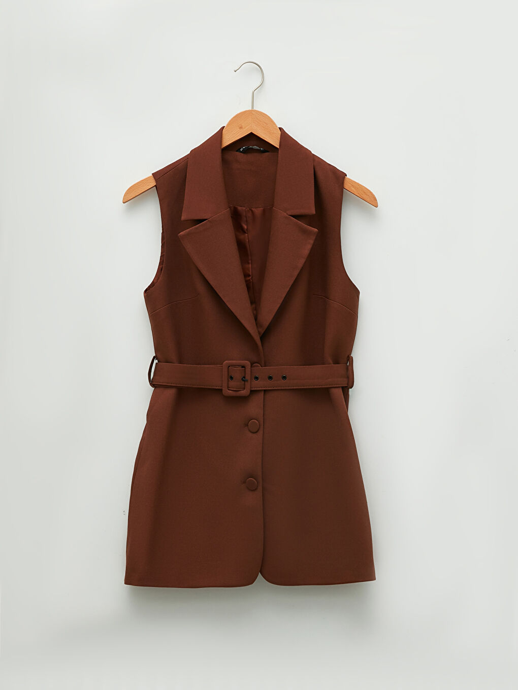 Women's Front Button Closed Waist Belt Sleeveless Jacket-3