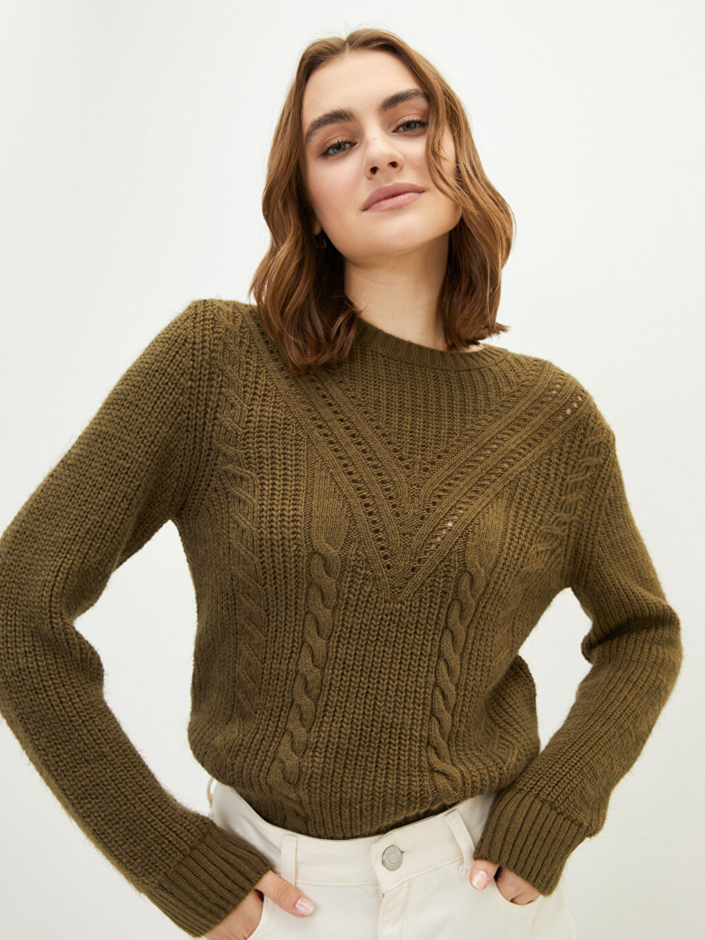 Haki Bisiklet Yaka Kendinden Desenli Uzun Kollu Kadın Triko Kazak