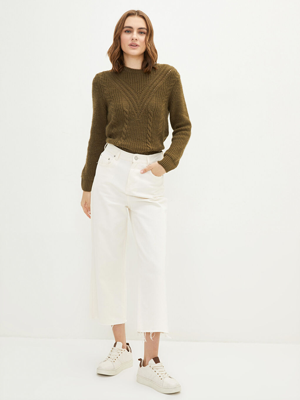 Haki Bisiklet Yaka Kendinden Desenli Uzun Kollu Kadın Triko Kazak-1