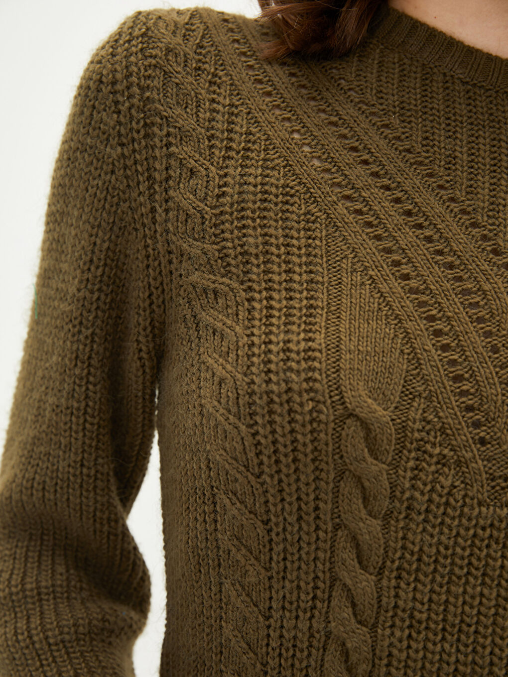 Haki Bisiklet Yaka Kendinden Desenli Uzun Kollu Kadın Triko Kazak-2