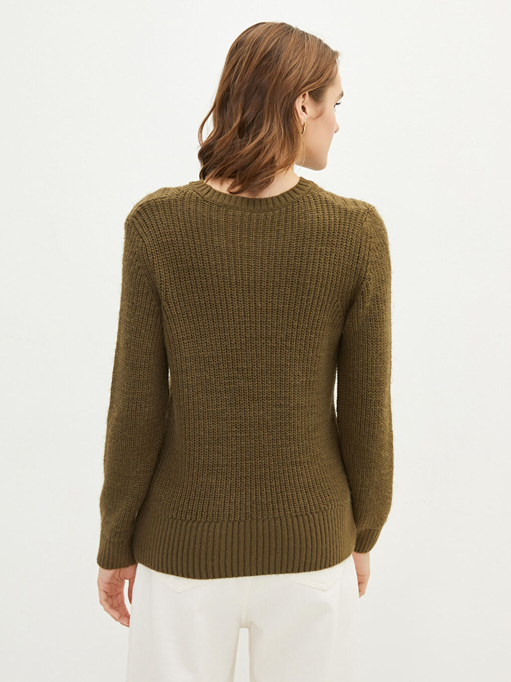 Haki Bisiklet Yaka Kendinden Desenli Uzun Kollu Kadın Triko Kazak-3