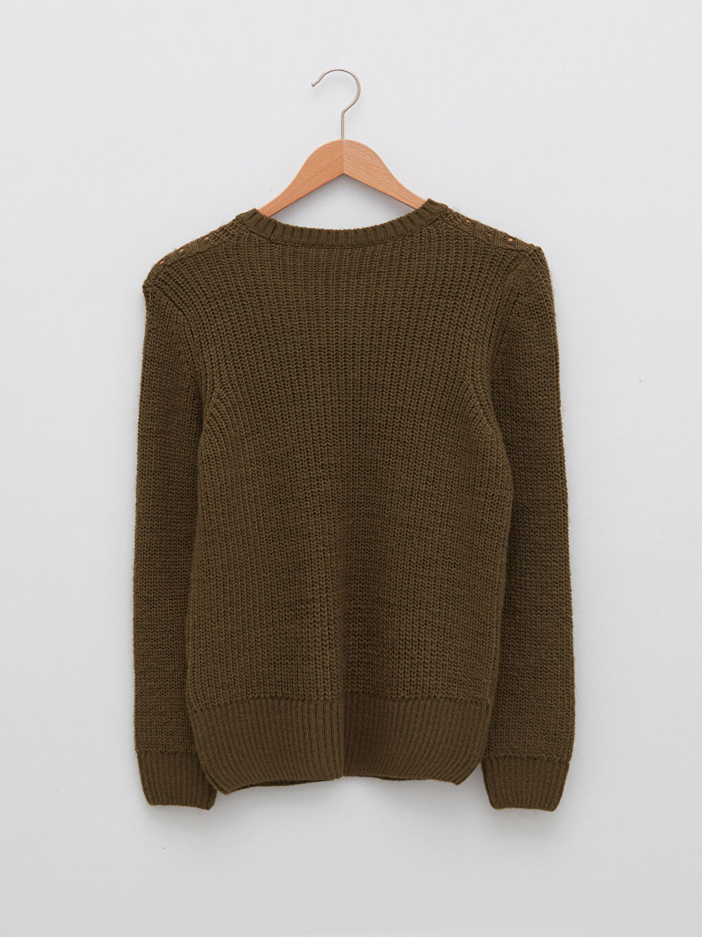 Haki Bisiklet Yaka Kendinden Desenli Uzun Kollu Kadın Triko Kazak-5