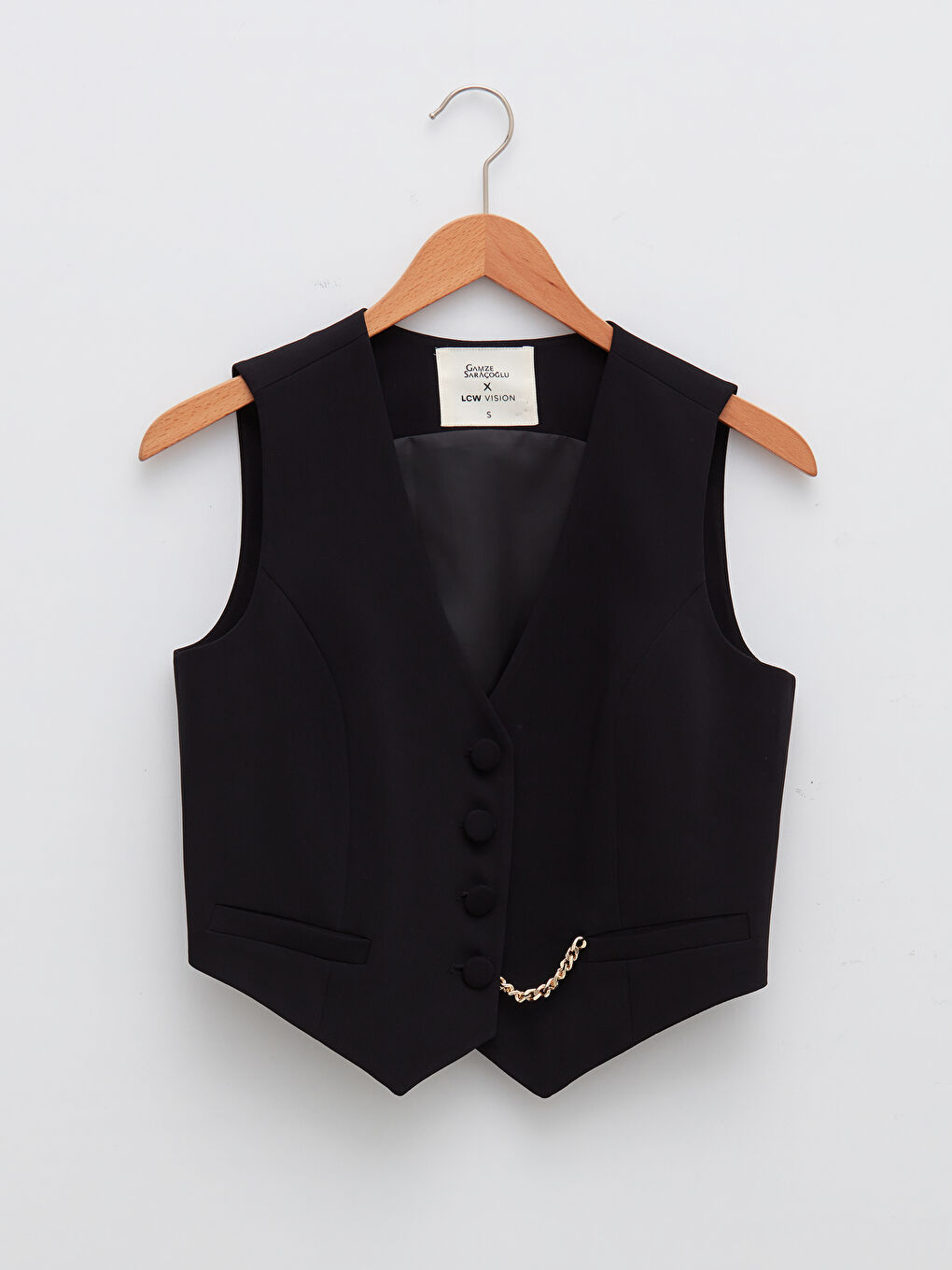 Siyah GAMZE SARAÇOĞLU X LCW VISION KADIN YELEK - V YAKA DÜZ ZİNCİR DETAYLI-8