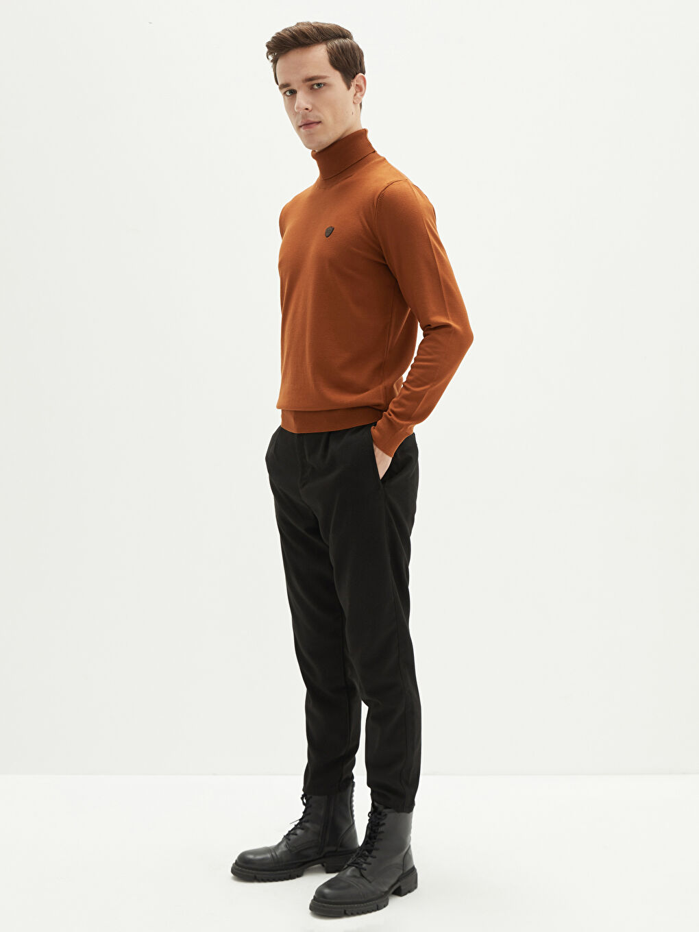 Kahverengi Balıkçı Yaka Uzun Kollu İnce Erkek Triko Kazak-2