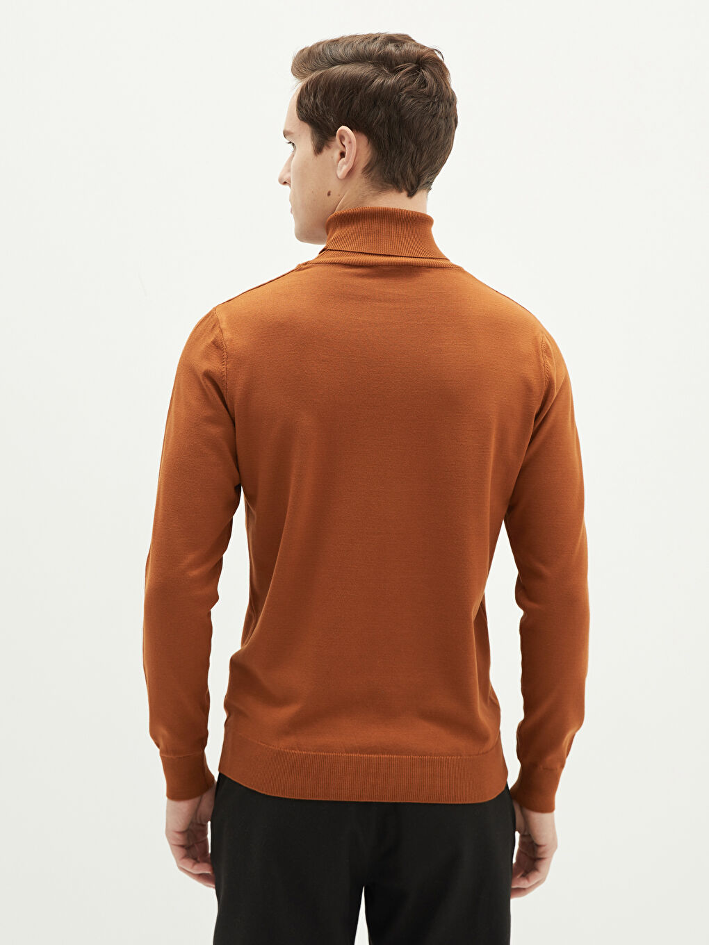 Kahverengi Balıkçı Yaka Uzun Kollu İnce Erkek Triko Kazak-4