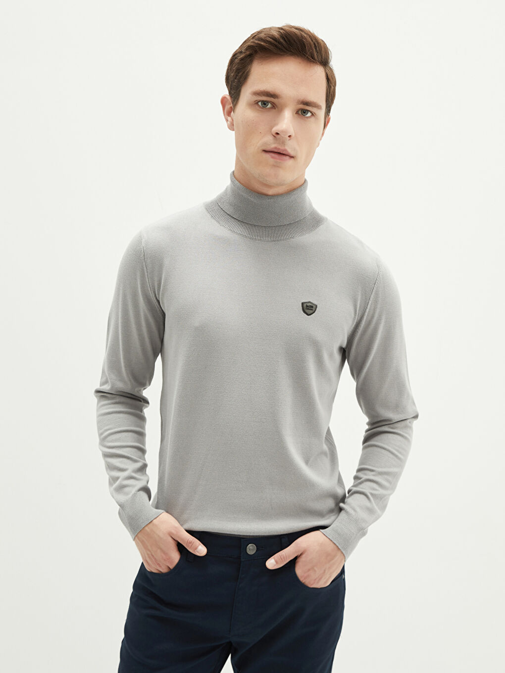 Gri Balıkçı Yaka Uzun Kollu İnce Erkek Triko Kazak