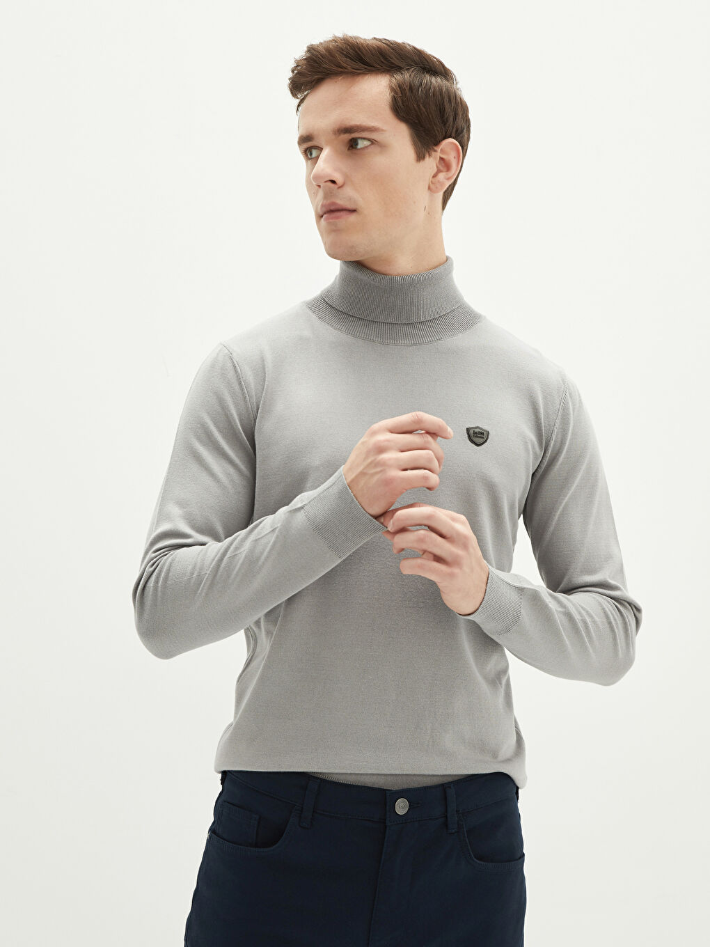 Gri Balıkçı Yaka Uzun Kollu İnce Erkek Triko Kazak-1