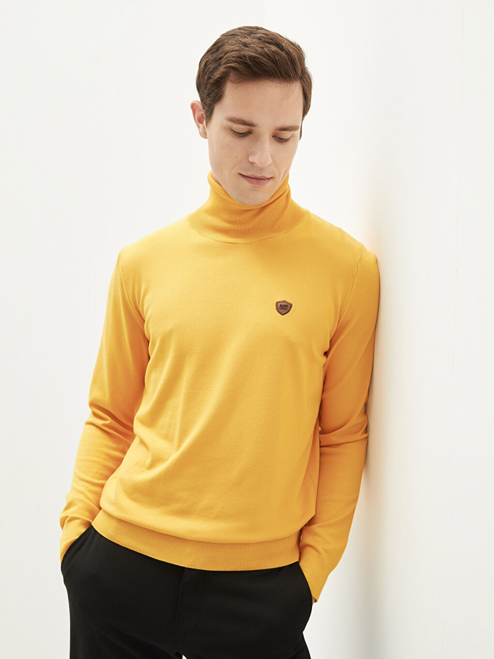 Sarı Balıkçı Yaka Uzun Kollu İnce Erkek Triko Kazak