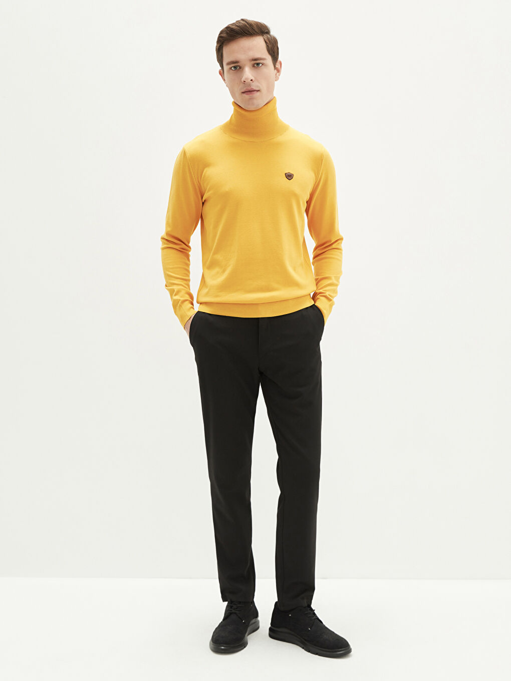 Sarı Balıkçı Yaka Uzun Kollu İnce Erkek Triko Kazak-2