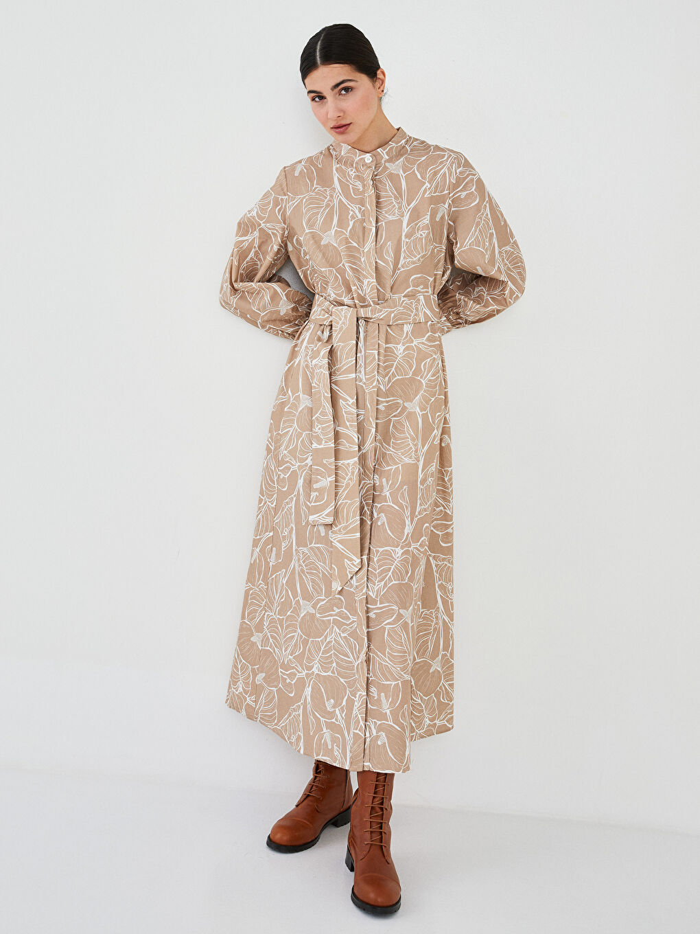 Bej Hakim Yaka Desenli Uzun Kollu Kadın Elbise-1