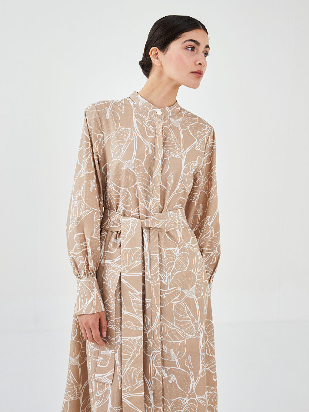 Bej Hakim Yaka Desenli Uzun Kollu Kadın Elbise-2