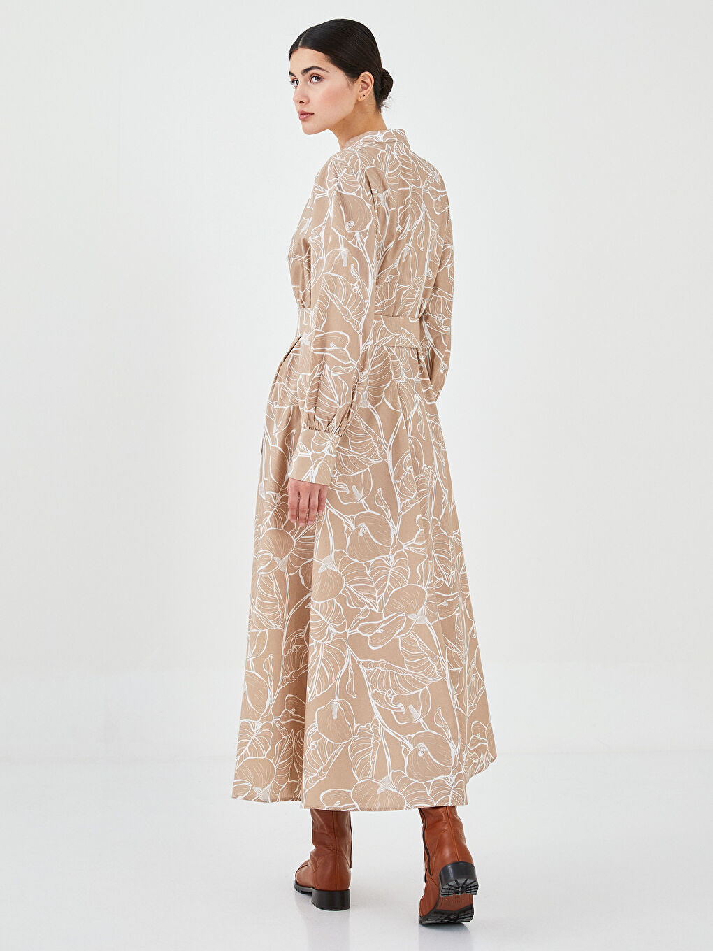 Bej Hakim Yaka Desenli Uzun Kollu Kadın Elbise-5