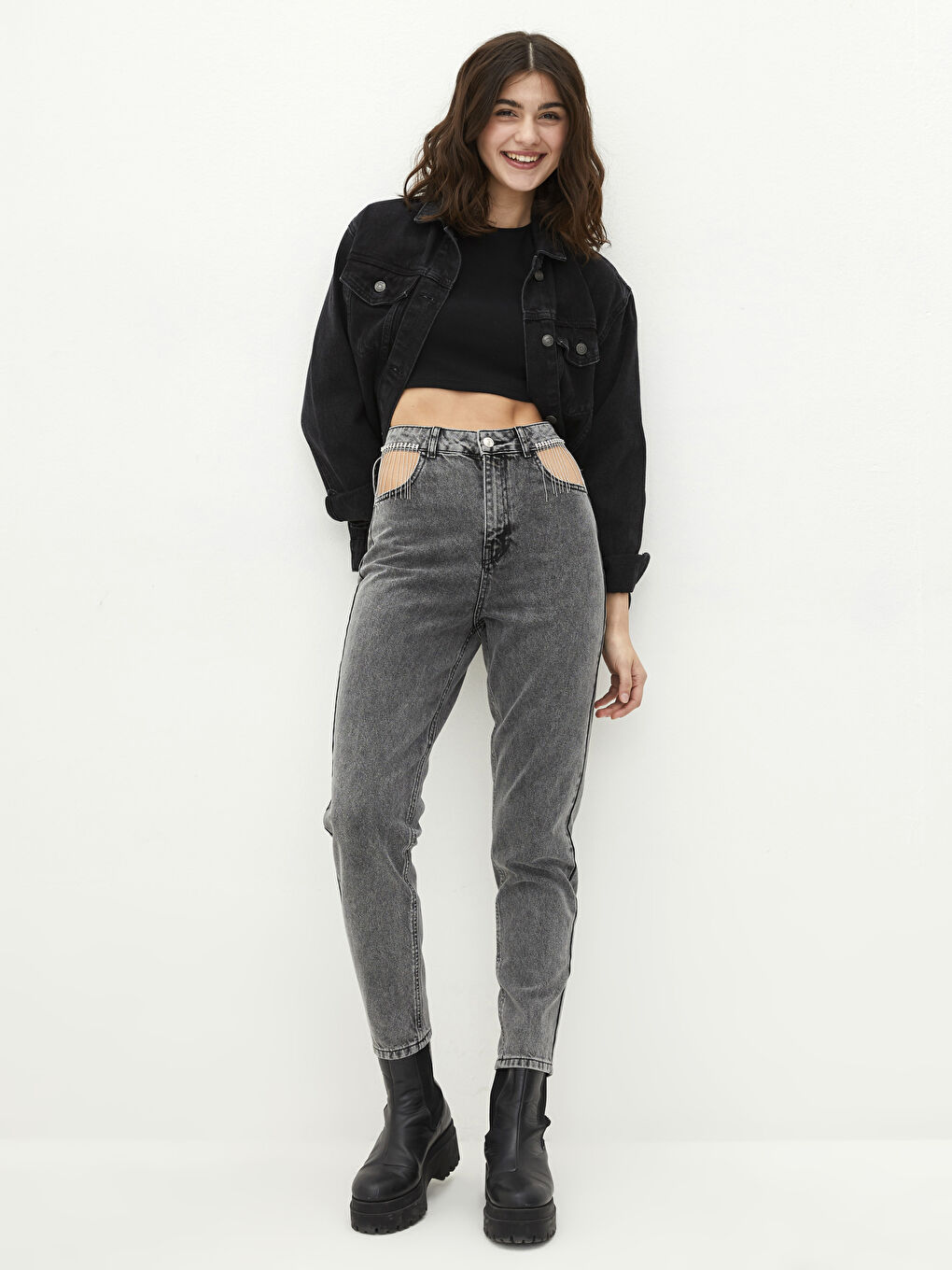 High Waist Mom Fit Chain Detailed Rodeo Women's Jean Trousers