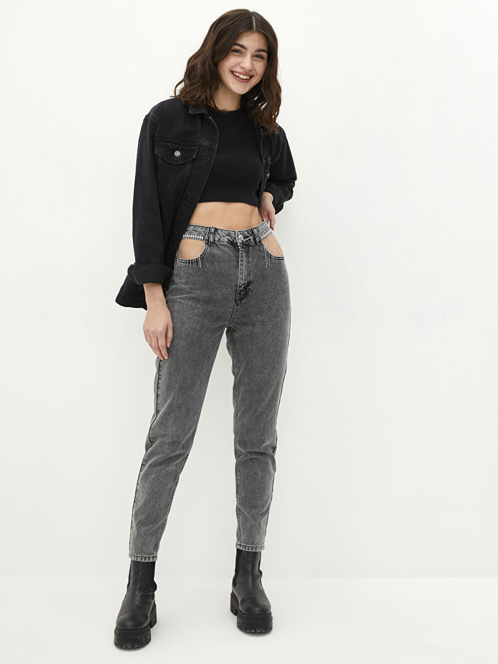 High Waist Mom Fit Chain Detailed Rodeo Women's Jean Trousers-1