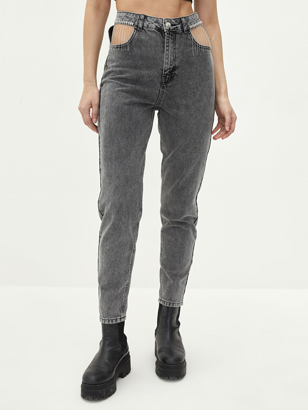 High Waist Mom Fit Chain Detailed Rodeo Women's Jean Trousers-2