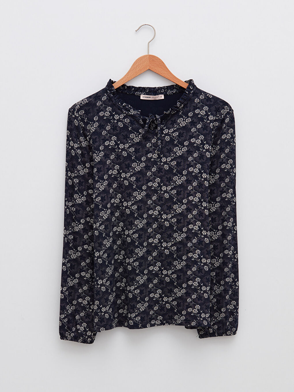 Lacivert Fırfırlı Bağlamalı Yaka Çiçekli Uzun Kollu Kadın Bluz-5