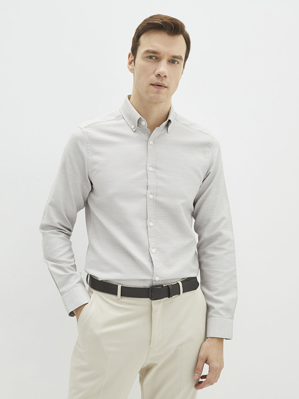 Bej Slim Fit Uzun Kollu Erkek Gömlek-1