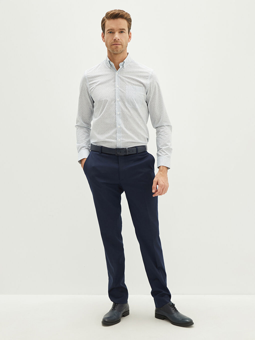 Regular Fit Long Sleeve Patterned Poplin Men's Shirt-2