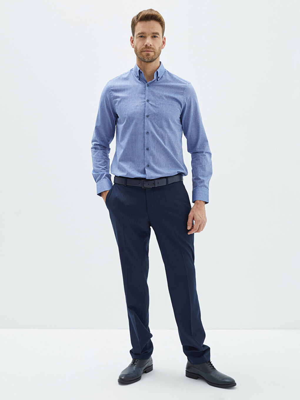 Lacivert Regular Fit Uzun Kollu Poplin Erkek Gömlek-2