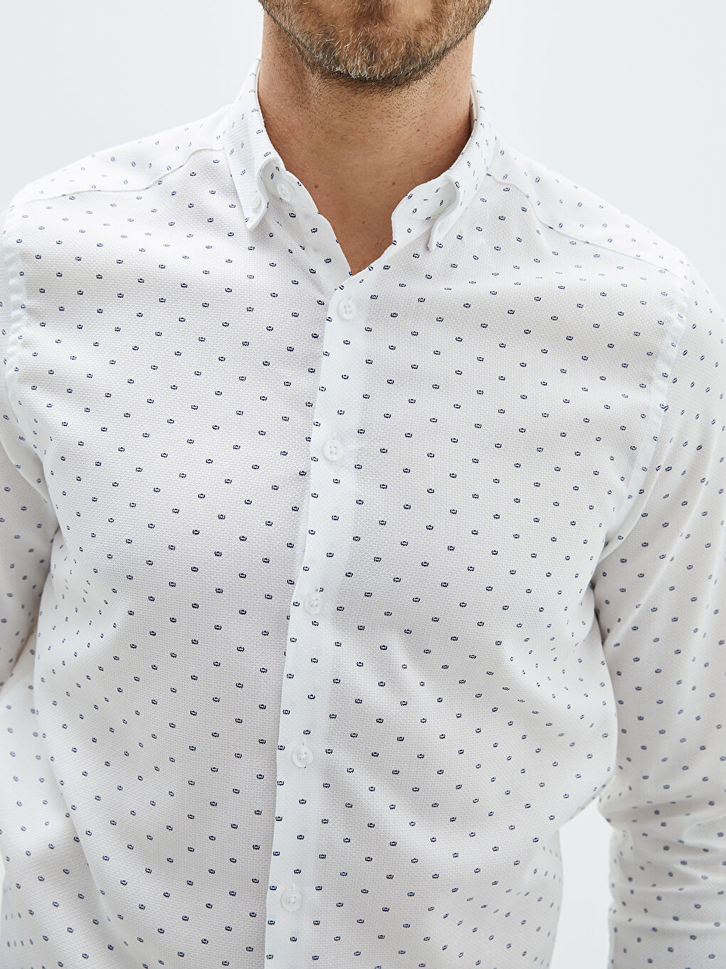 Beyaz Slim Fit Uzun Kollu Desenli Armürlü Erkek Gömlek-3