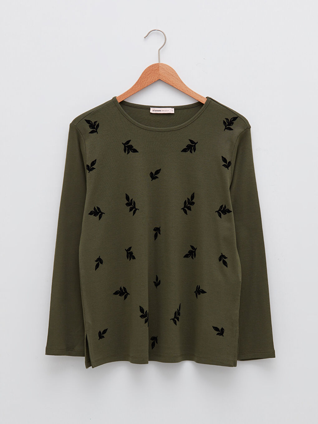 Haki Bisiklet Yaka Desenli Uzun Kollu Kadın Tişört-4