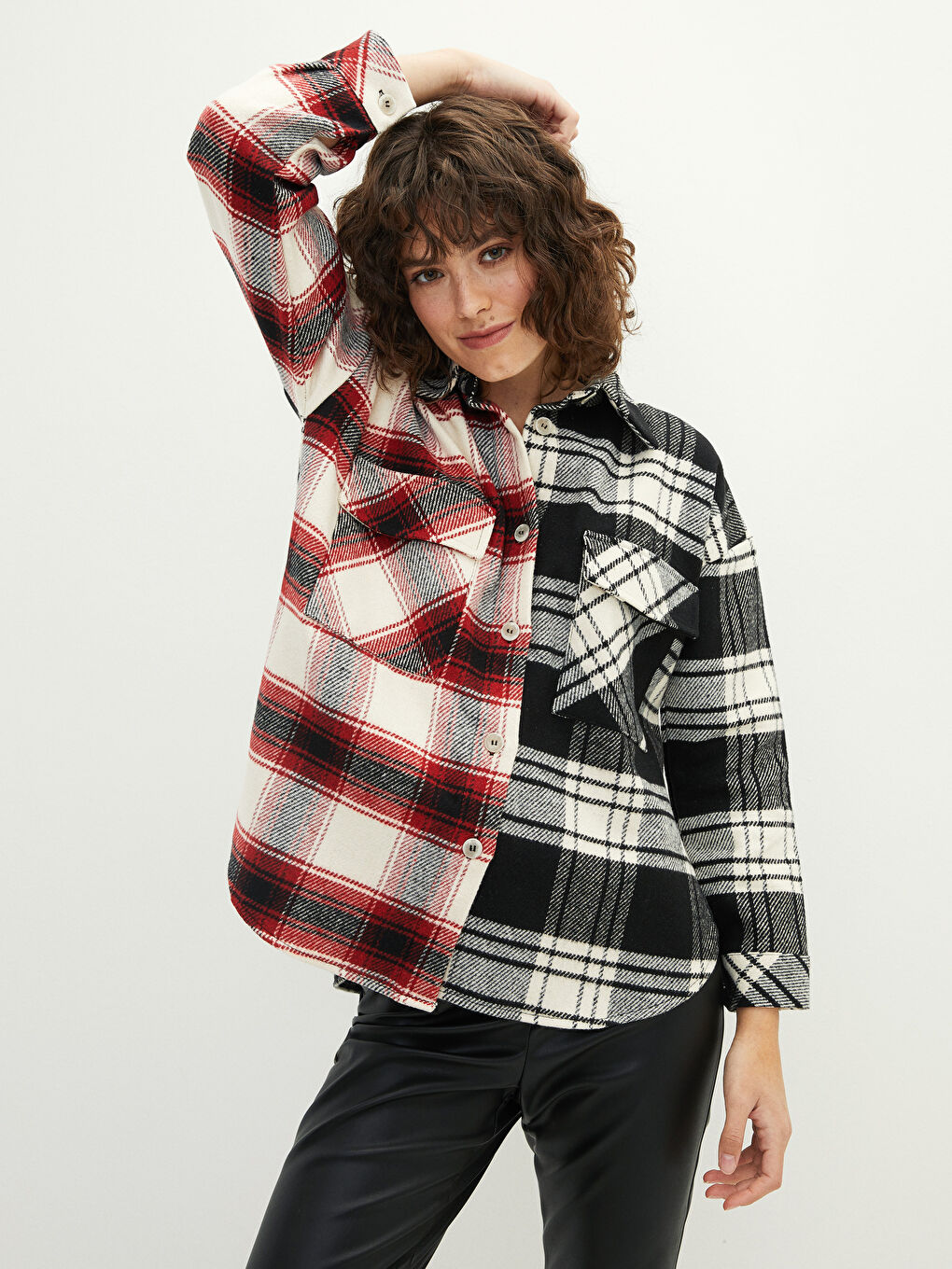 Buttoned Plaid Long Sleeve Gabardine Women's Shirt Jacket-1