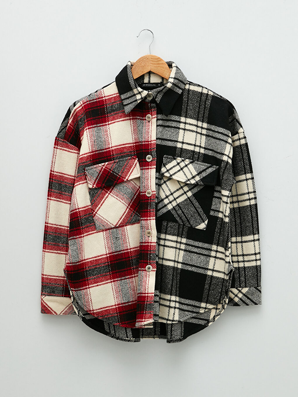 Buttoned Plaid Long Sleeve Gabardine Women's Shirt Jacket-5