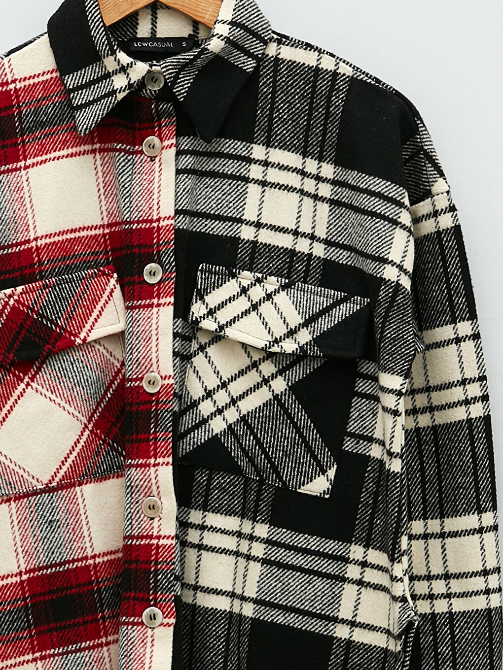 Buttoned Plaid Long Sleeve Gabardine Women's Shirt Jacket-7