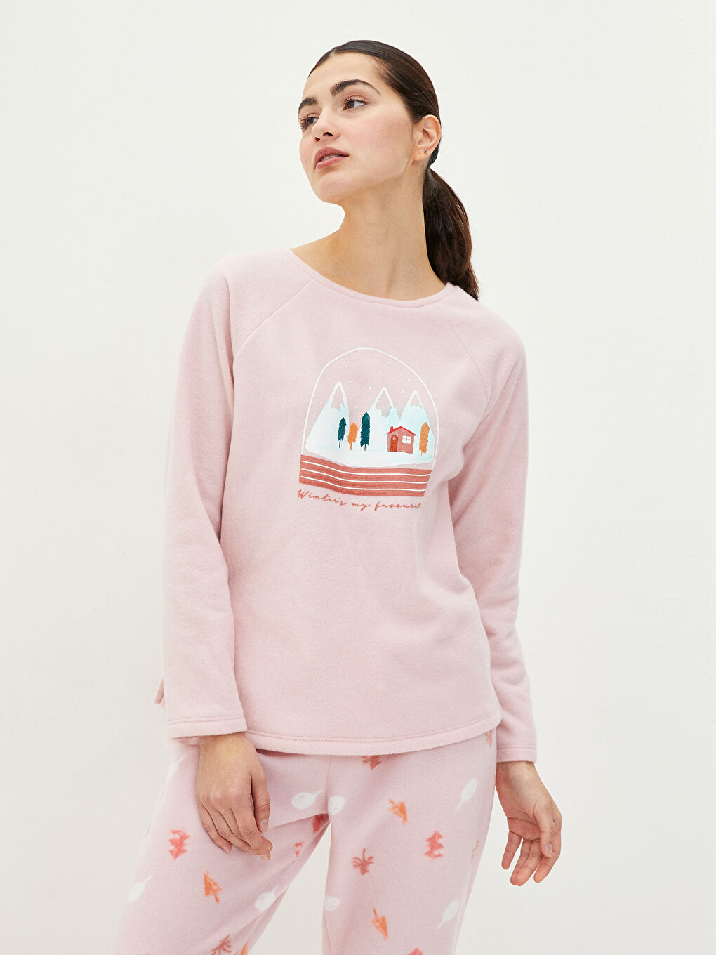 Crew Neck Printed Long Sleeve Fleece Women's Pajamas Set-2