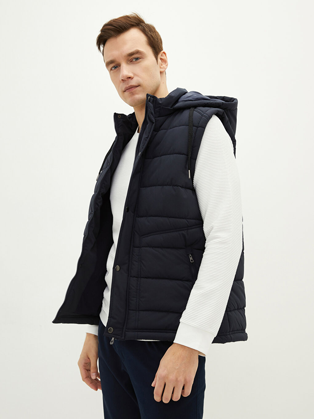 Lacivert Standart Kalıp Kapüşonlu Kalın Erkek Yelek