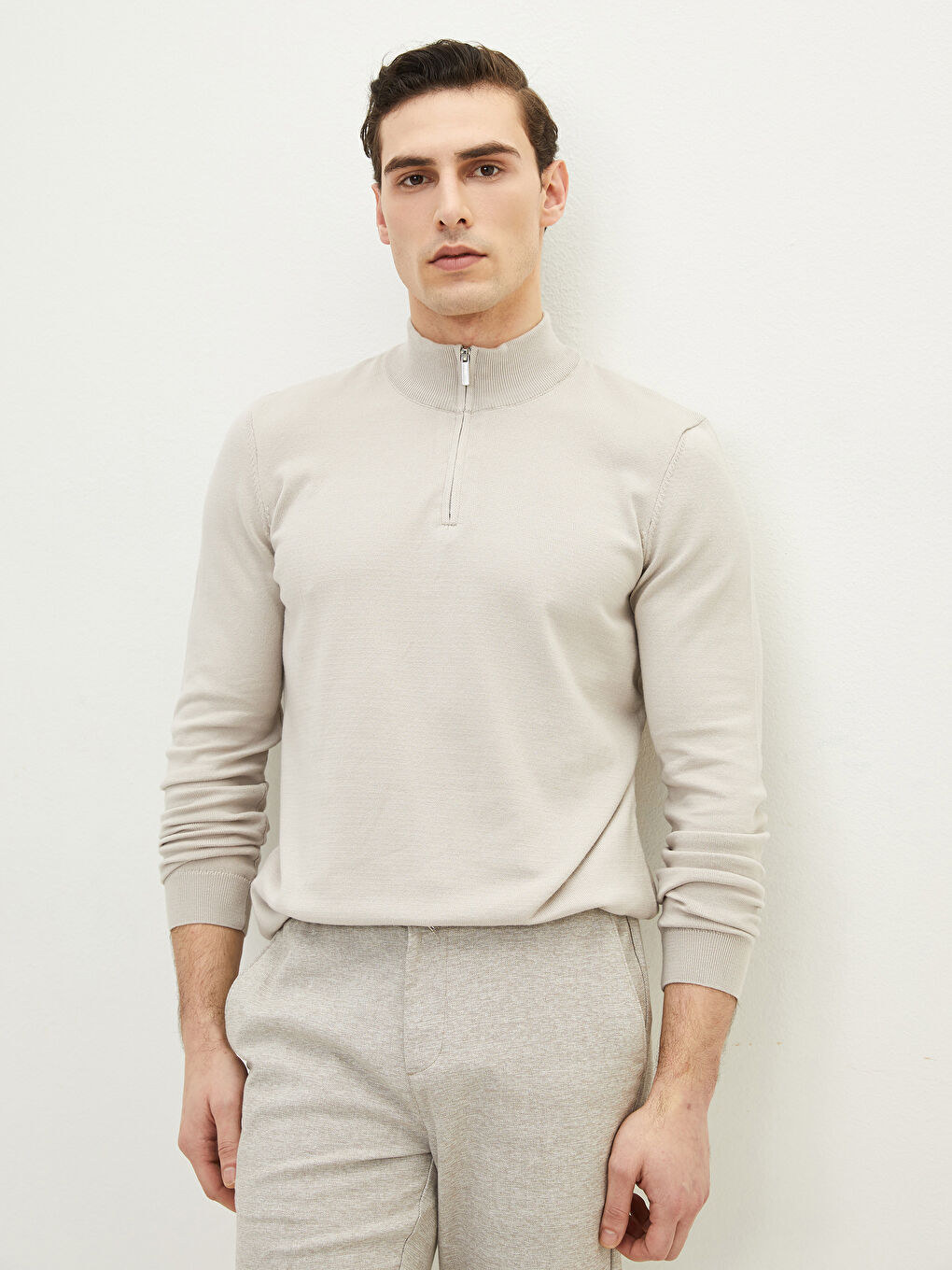 Bej Balıkçı Yaka Uzun Kollu İnce Erkek Triko Kazak-1