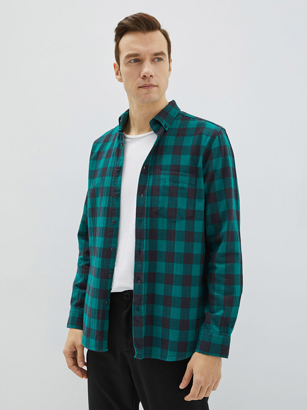 Yeşil Regular Fit Uzun Kollu Ekose Erkek Oduncu Gömlek Ceket-1
