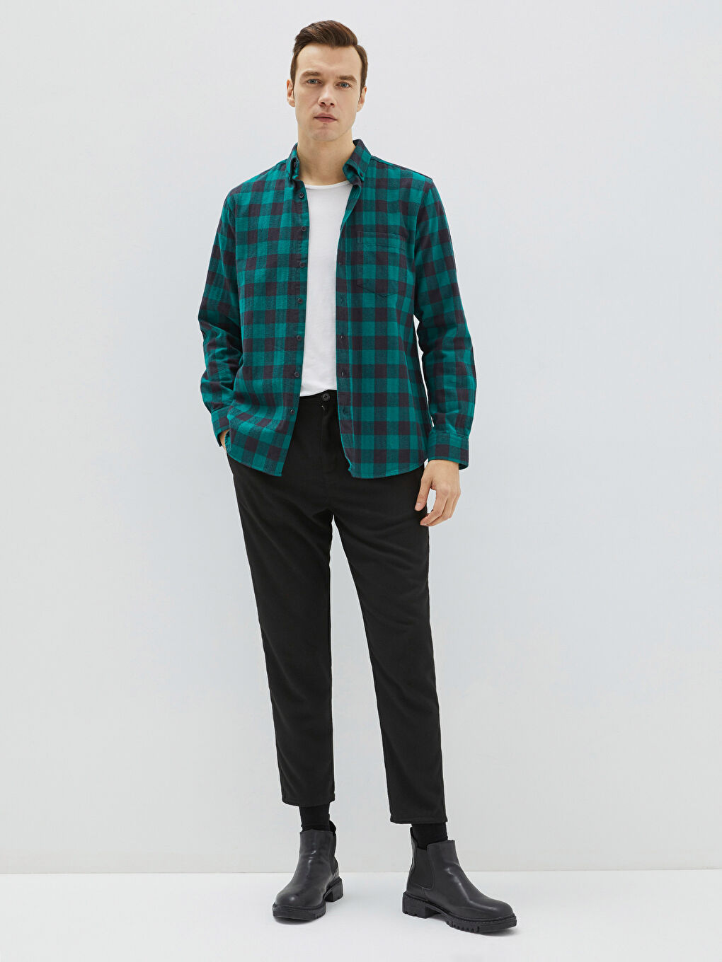 Yeşil Regular Fit Uzun Kollu Ekose Erkek Oduncu Gömlek Ceket-2