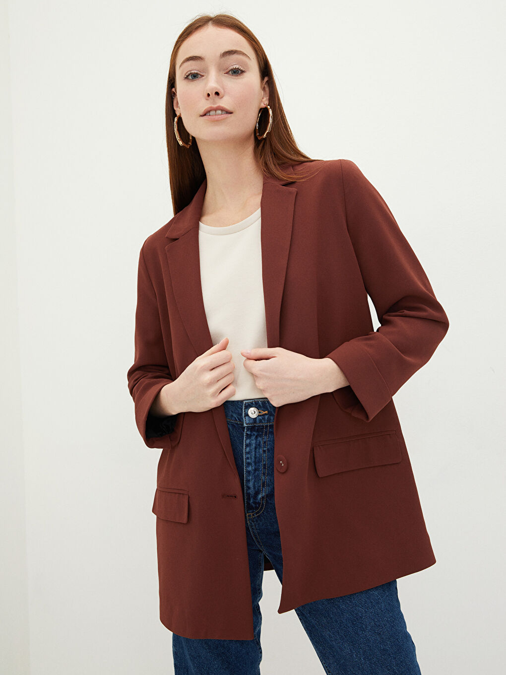 LCWAIKIKI Classic Front Button Closure Plain Pocket Detailed Crepe Fabric Women's Jacket -W1KO77Z8-HPB