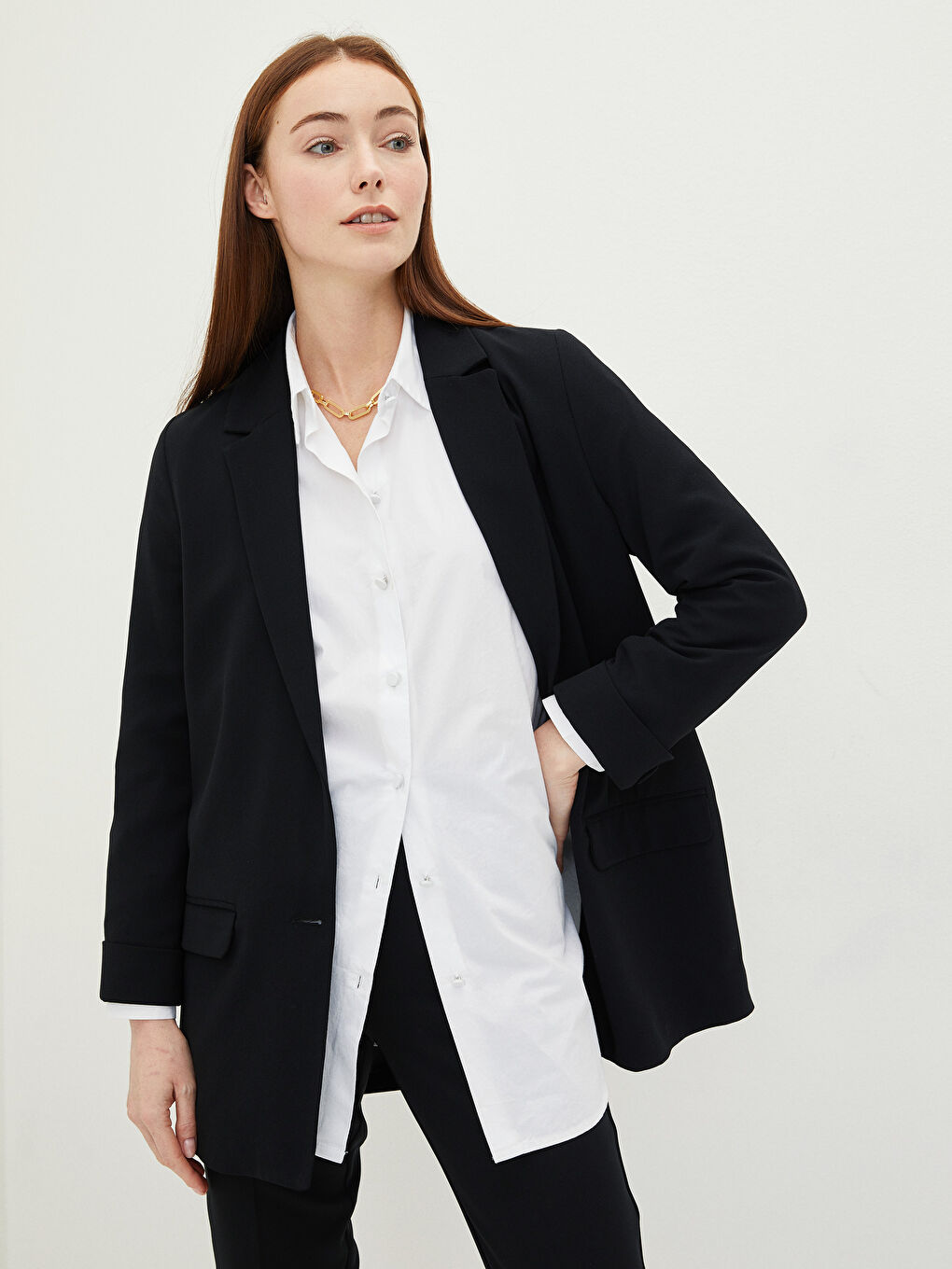 Front Button Closure Plain Pocket Detailed Crepe Fabric Women's Jacket
