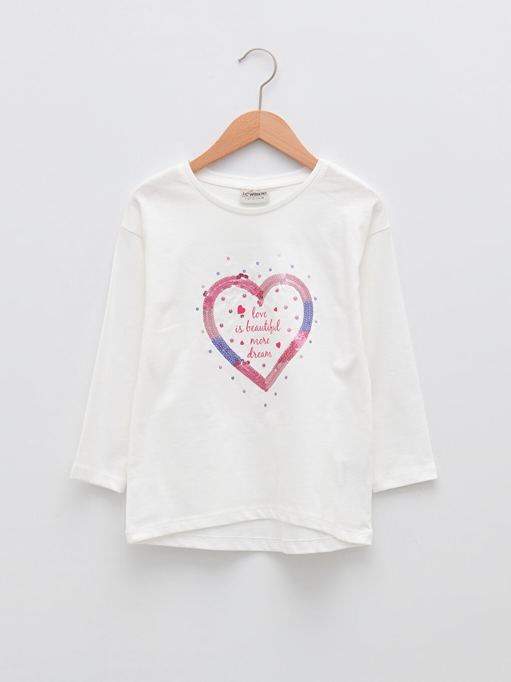 Ekru Bisiklet Yaka Baskılı Pul İşlemeli Uzun Kollu Kız Çocuk Tişört