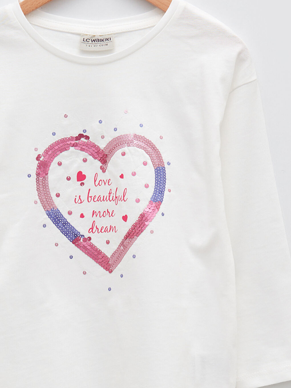 Ekru Bisiklet Yaka Baskılı Pul İşlemeli Uzun Kollu Kız Çocuk Tişört-2