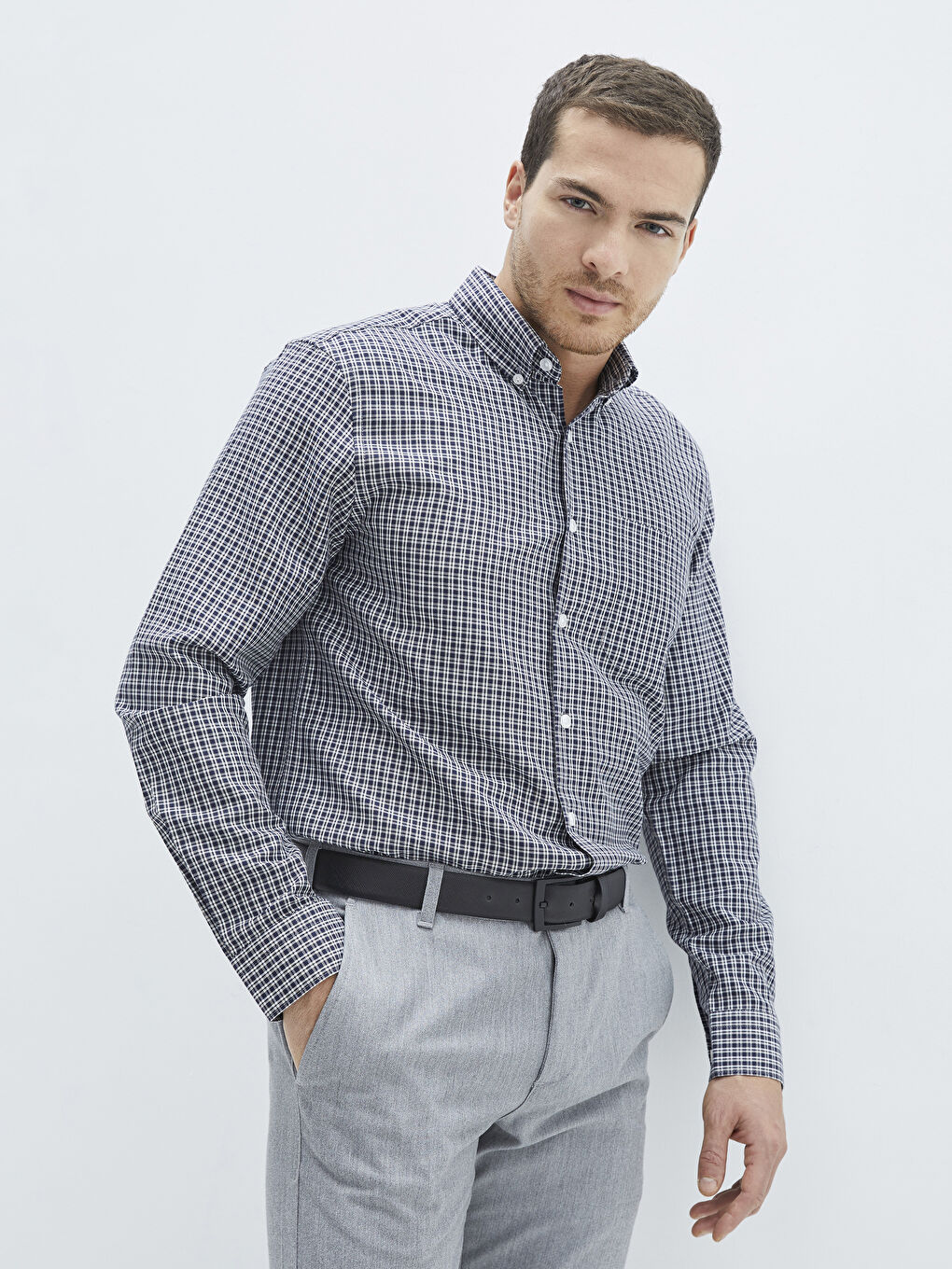 Lacivert Regular Fit Uzun Kollu Ekose Gabardin Erkek Gömlek