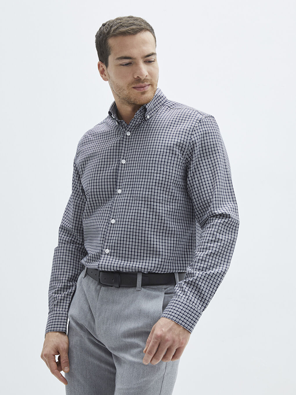 Lacivert Regular Fit Uzun Kollu Ekose Gabardin Erkek Gömlek-1