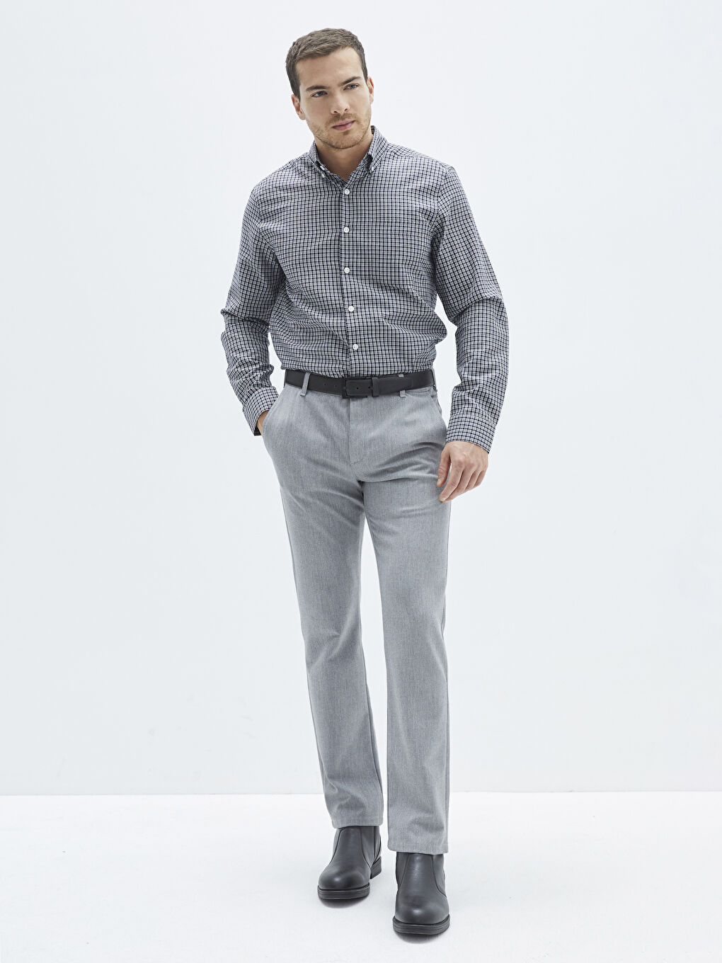 Lacivert Regular Fit Uzun Kollu Ekose Gabardin Erkek Gömlek-2