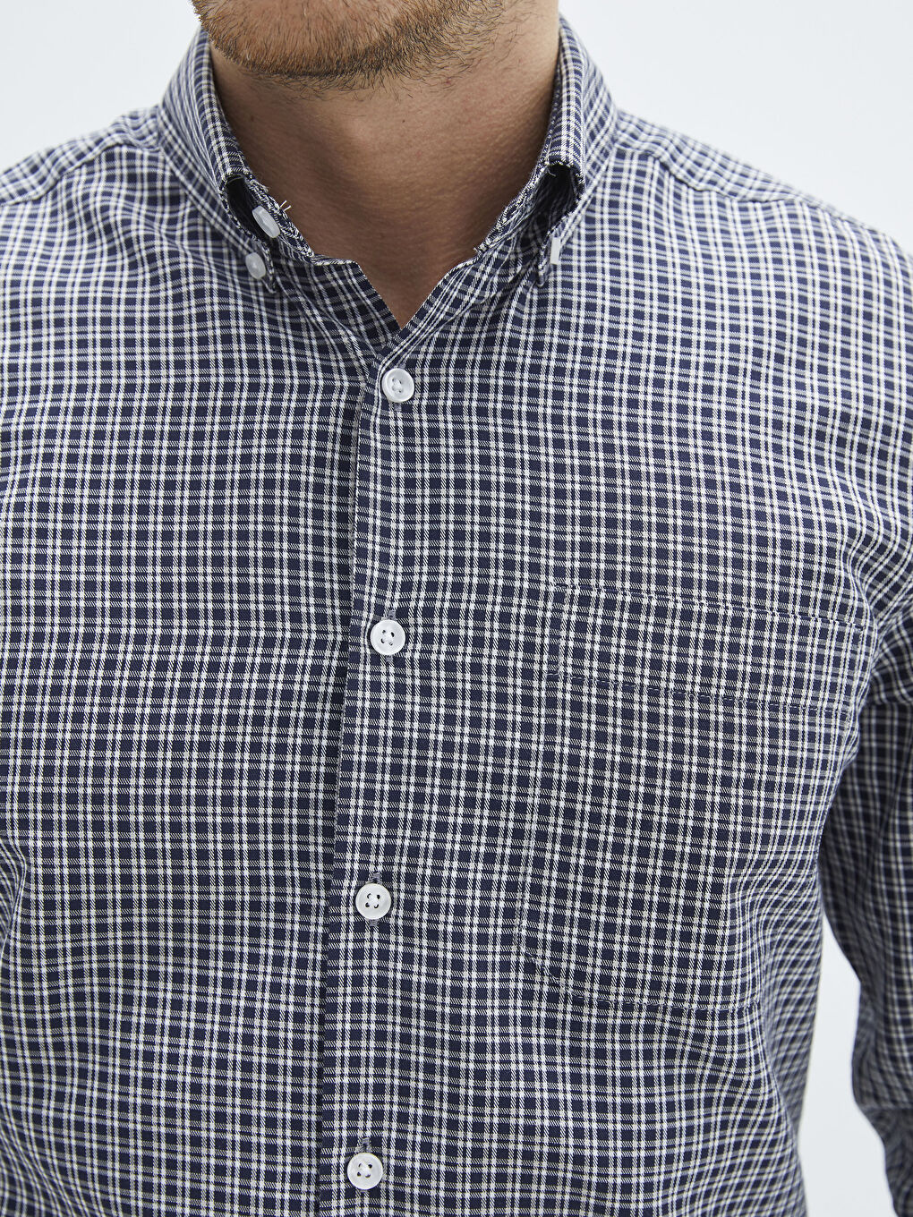 Lacivert Regular Fit Uzun Kollu Ekose Gabardin Erkek Gömlek-3